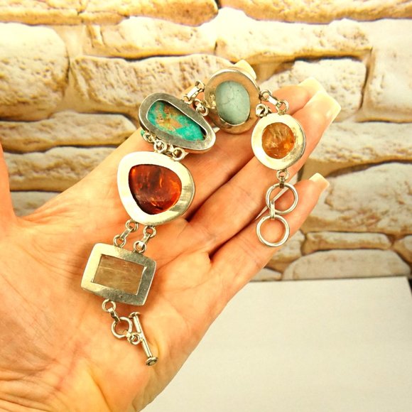 MULTI GEM HEAVY LINK BRACELET WITH TURQUOISE SNAKE, Very rare to find - Picture 4 of 11